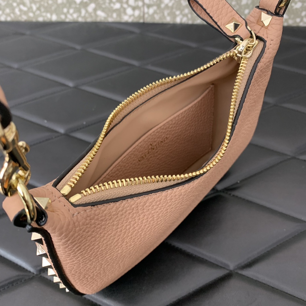 Valentino Garavani Rockstud Mini Hobo Bag in Nude Pink Grainy Calfskin